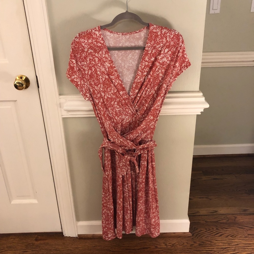 Garnet Hill Faux wrap dress in pink floral